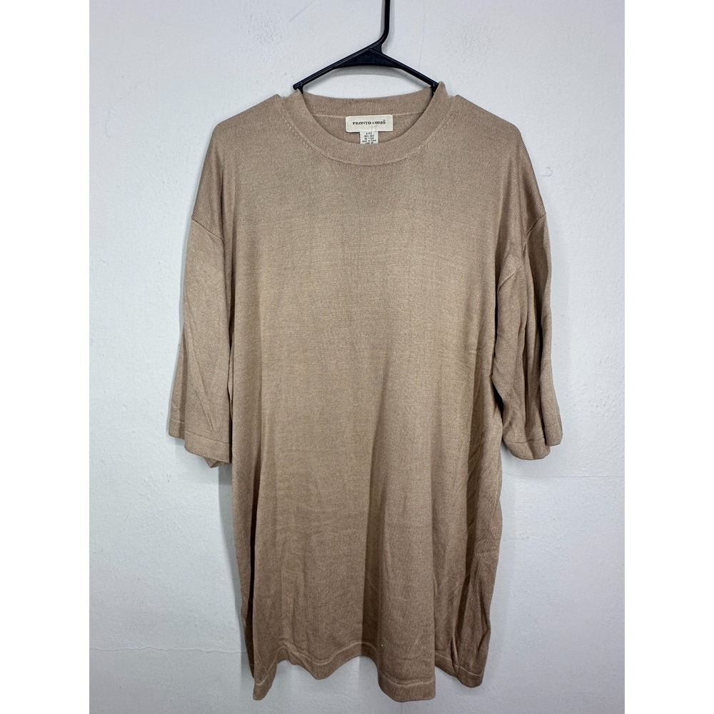 Pronto Uomo 100% Silk T-Shirt Mens LARGE Beige Knit Short Sleeve Crewneck Luxury
